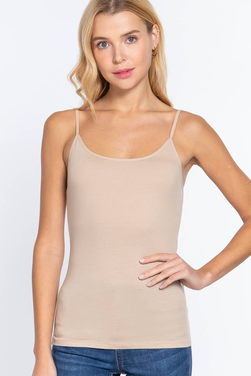 Hillary Basic Adjustable Spaghetti Strap Cropped Cami With Self Bra - Coconut Taupe