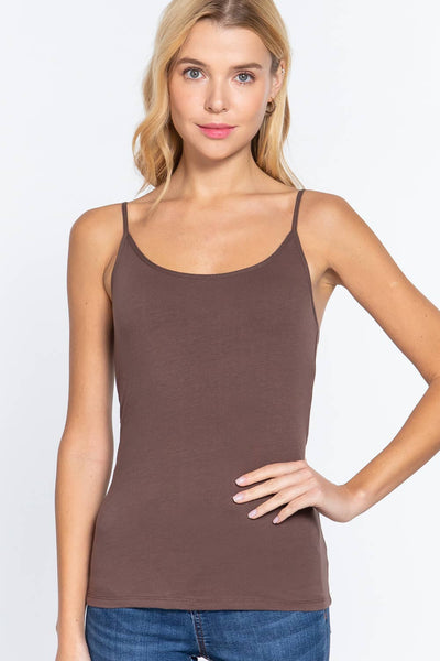 Hillary Basic Adjustable Spaghetti Strap Cropped Cami With Self Bra - Wood Brown