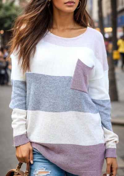 Striped Round Neck Sweater with Pocket