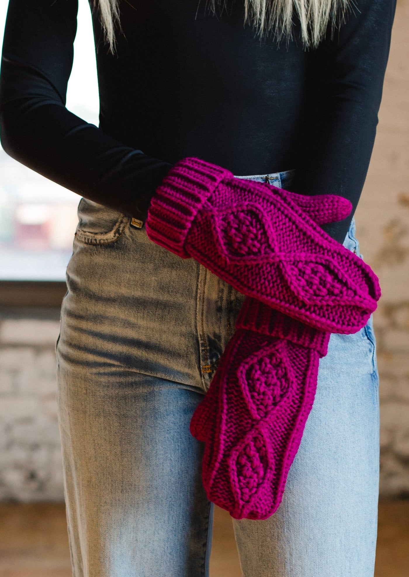 Magenta Cable Knit Mittens