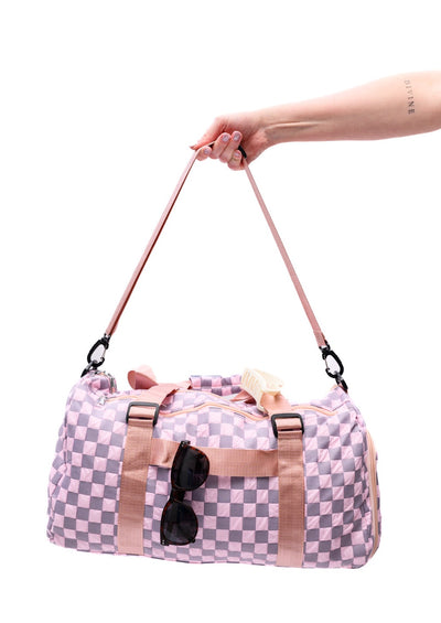 checkered pink duffle bag