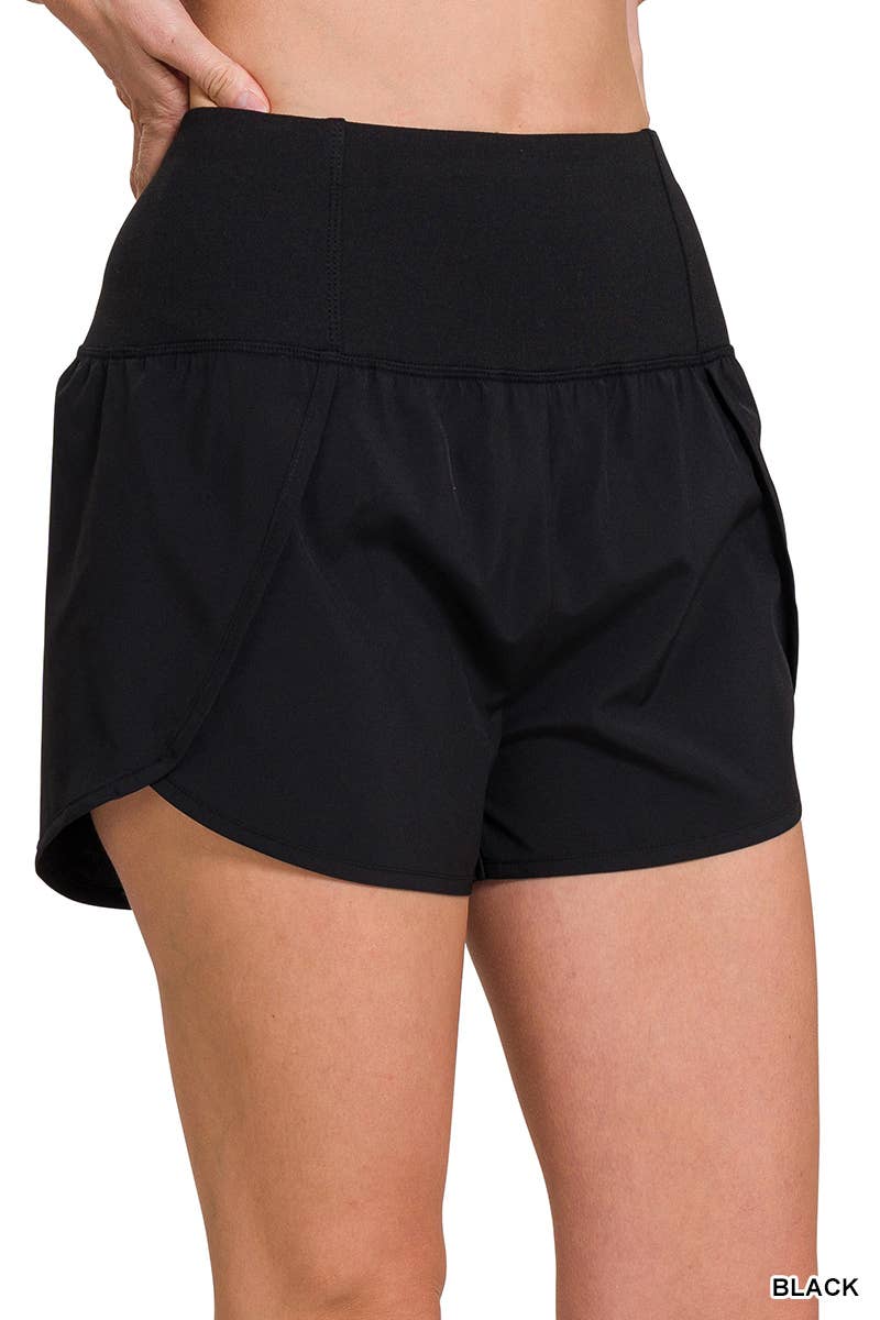 Melanie High Waisted Zippered Back Pocket Running Shorts - Black