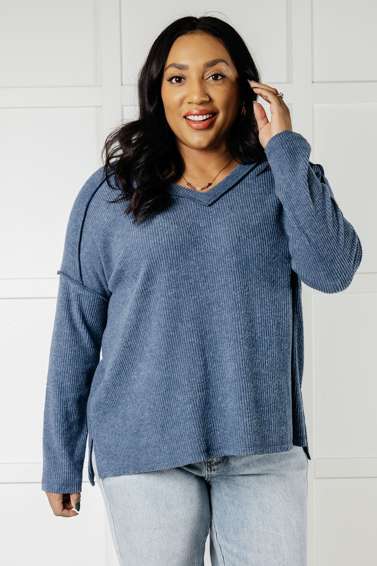 Brielle Freezing Brushed Hacci Top in Dusty Blue