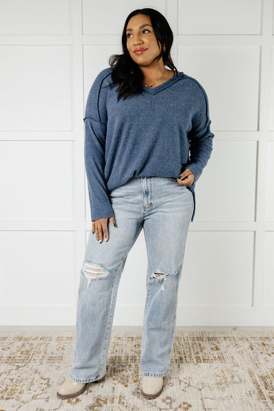 Brielle Freezing Brushed Hacci Top in Dusty Blue