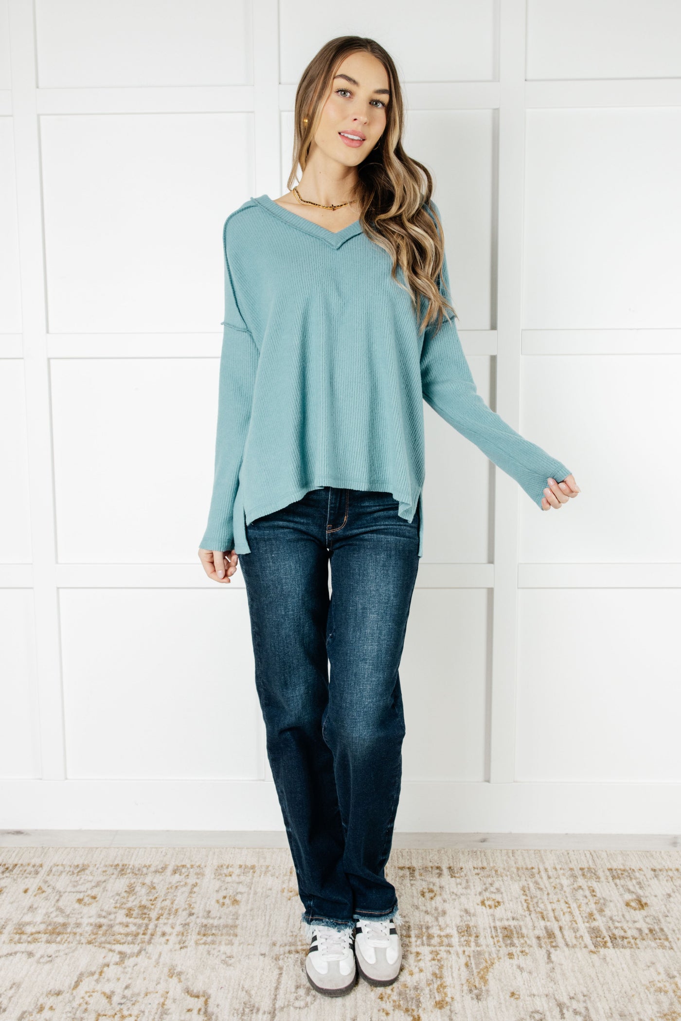 Brielle Freezing Brushed Hacci Top in Dusty Teal