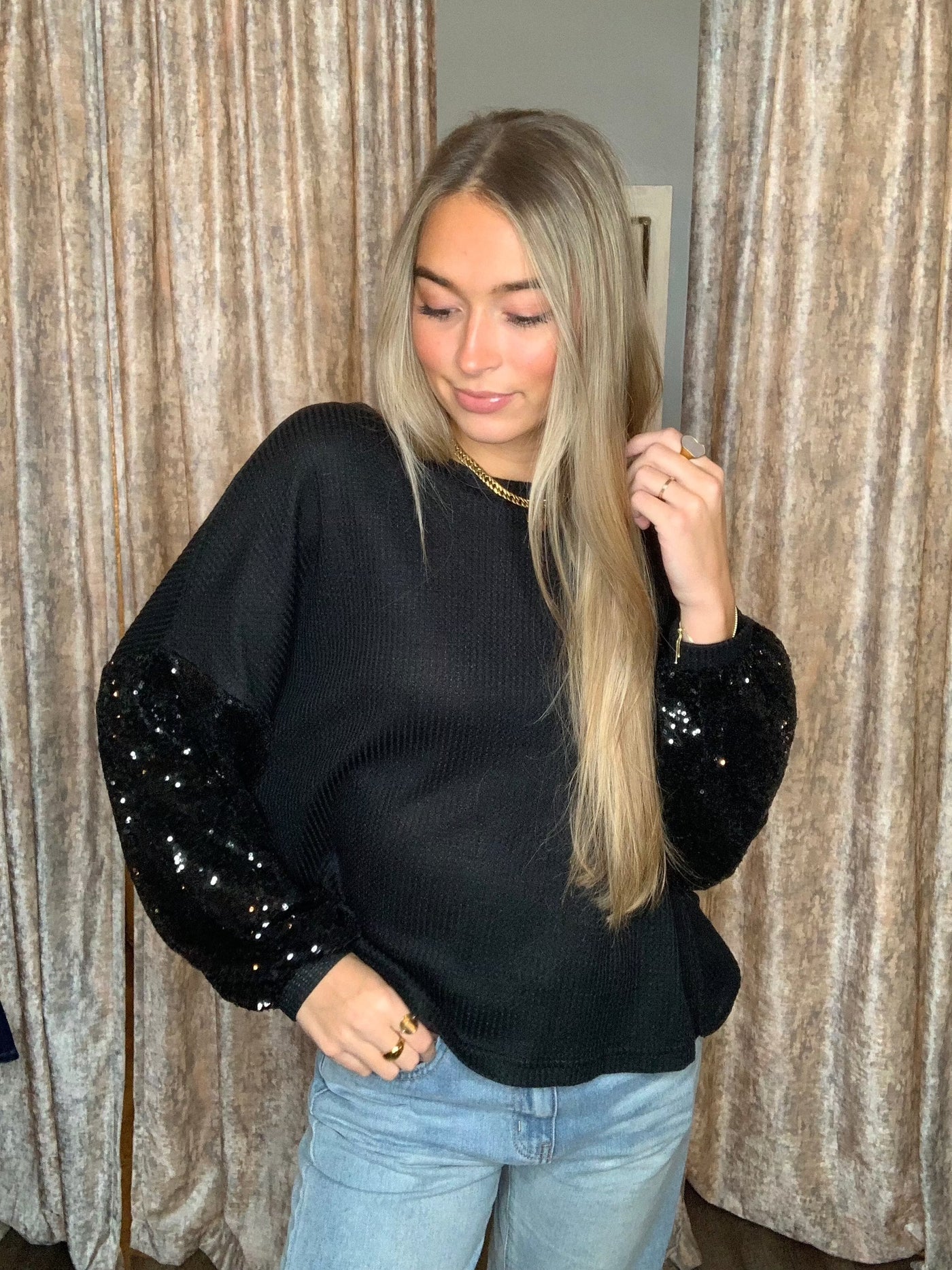 Sequin Waffle-Knit Blouse