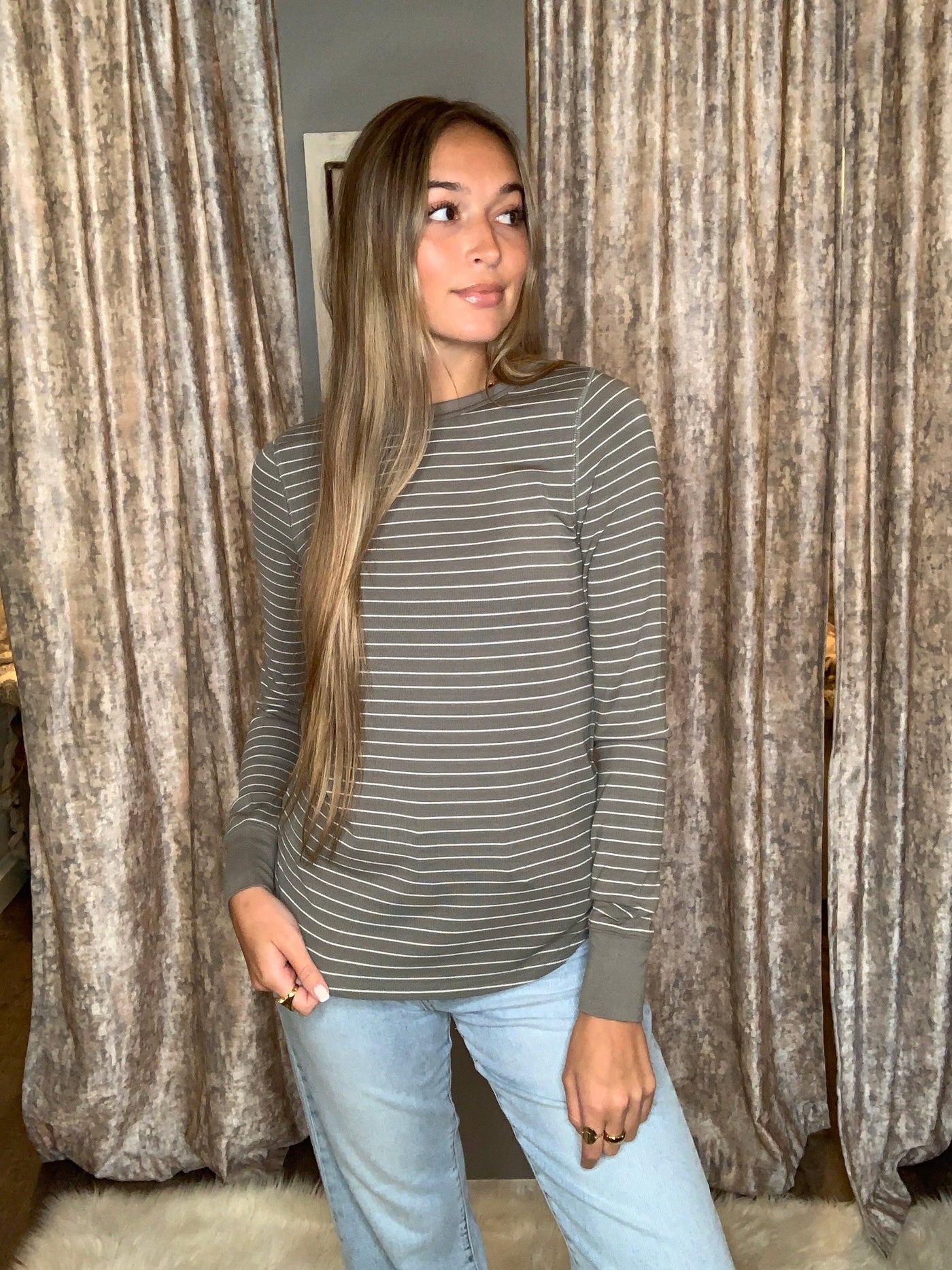 Jasmine Long Sleeve Top in Striped Olive