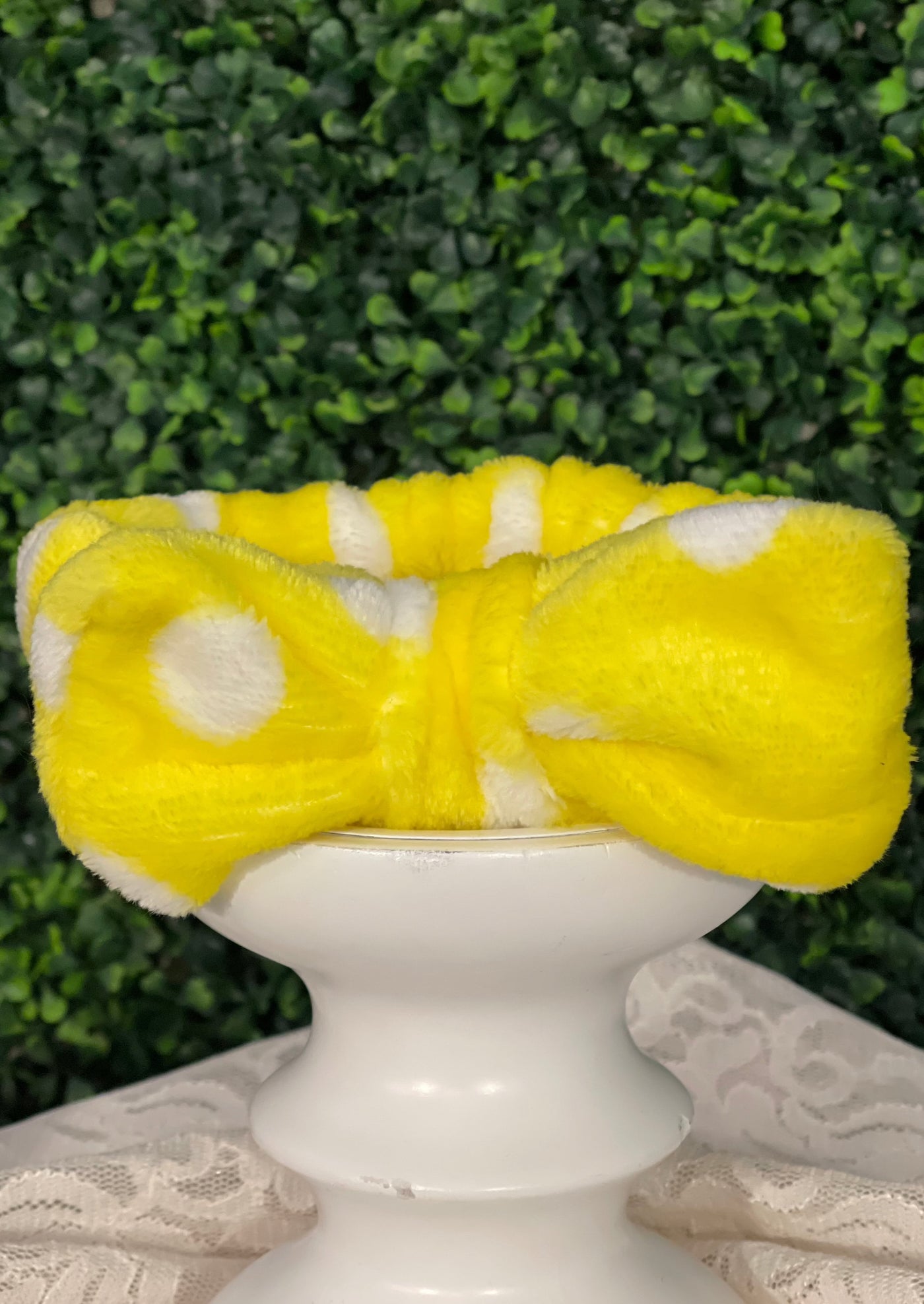 Yellow Spa Headband with white polka dots