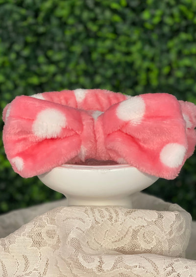 Pink Fuzzy Headband with White Polka Dots
