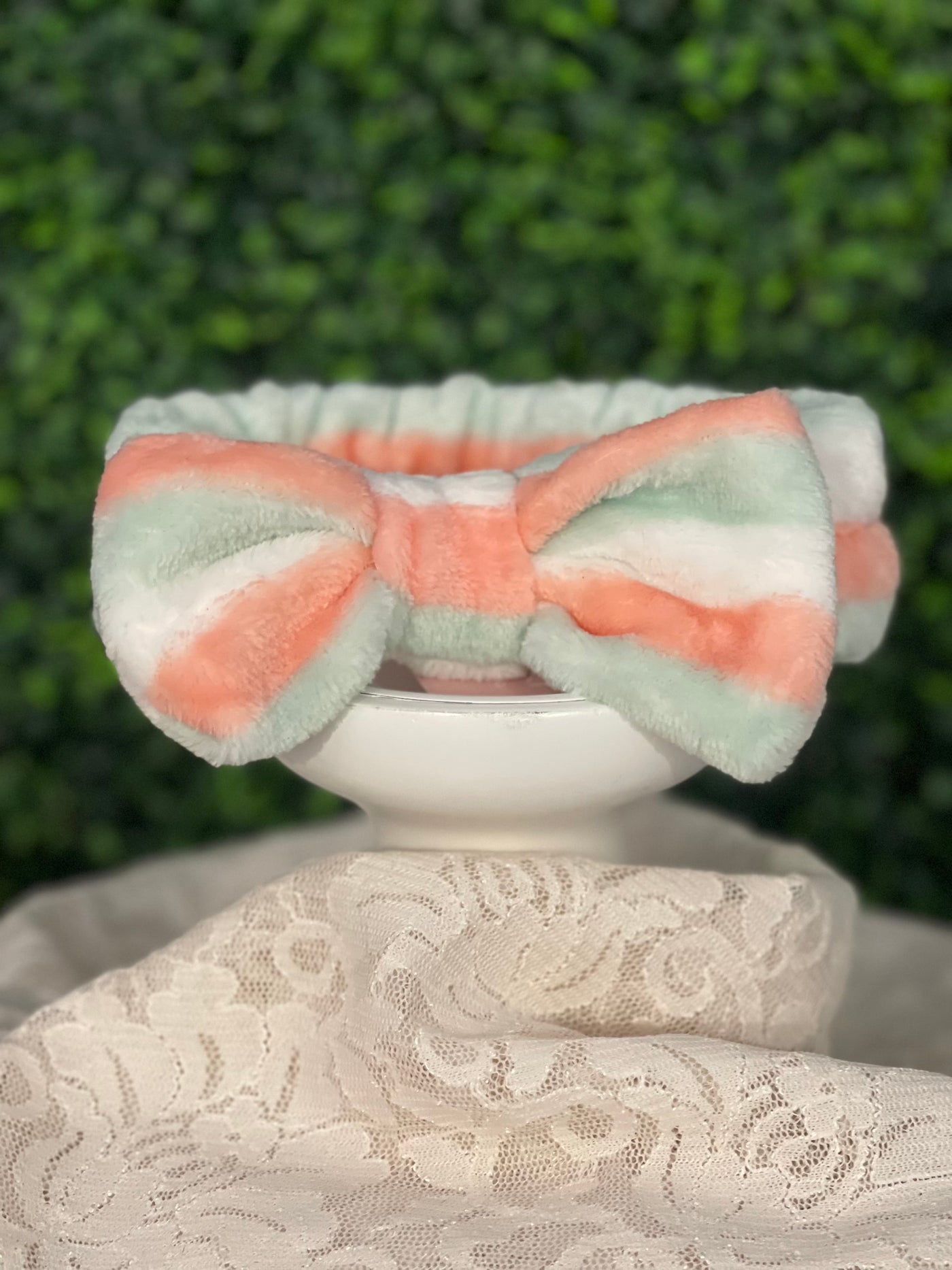 Fuzzy Spa Headband with peach, green and white stripes