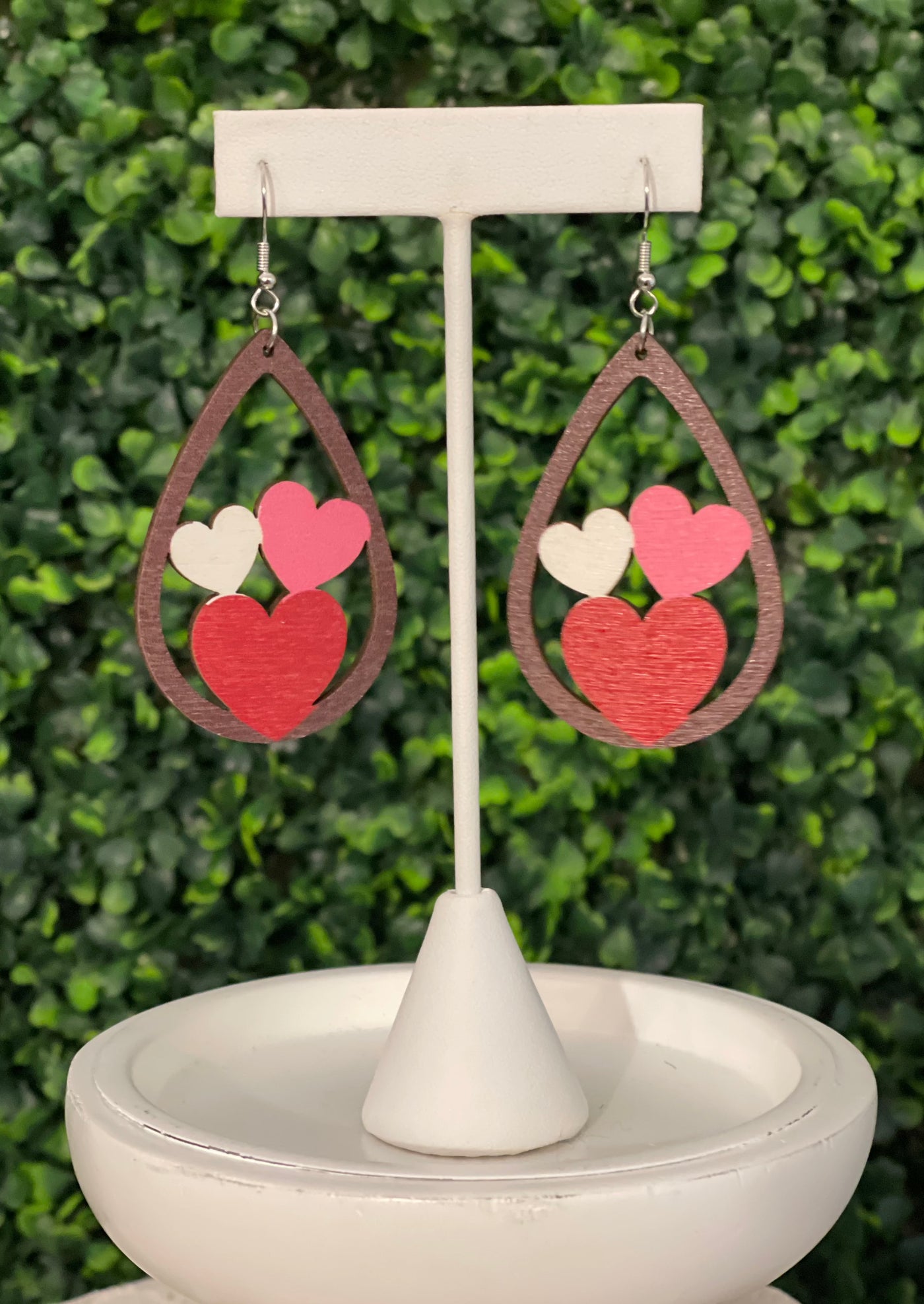Wooden Drop Earrings with Hearts