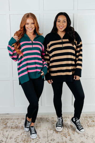 Weekender Striped Quarter Zip Sweater in Green and Pink