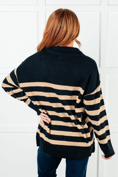 Weekender Striped Quarter Zip Sweater in Black and Tan