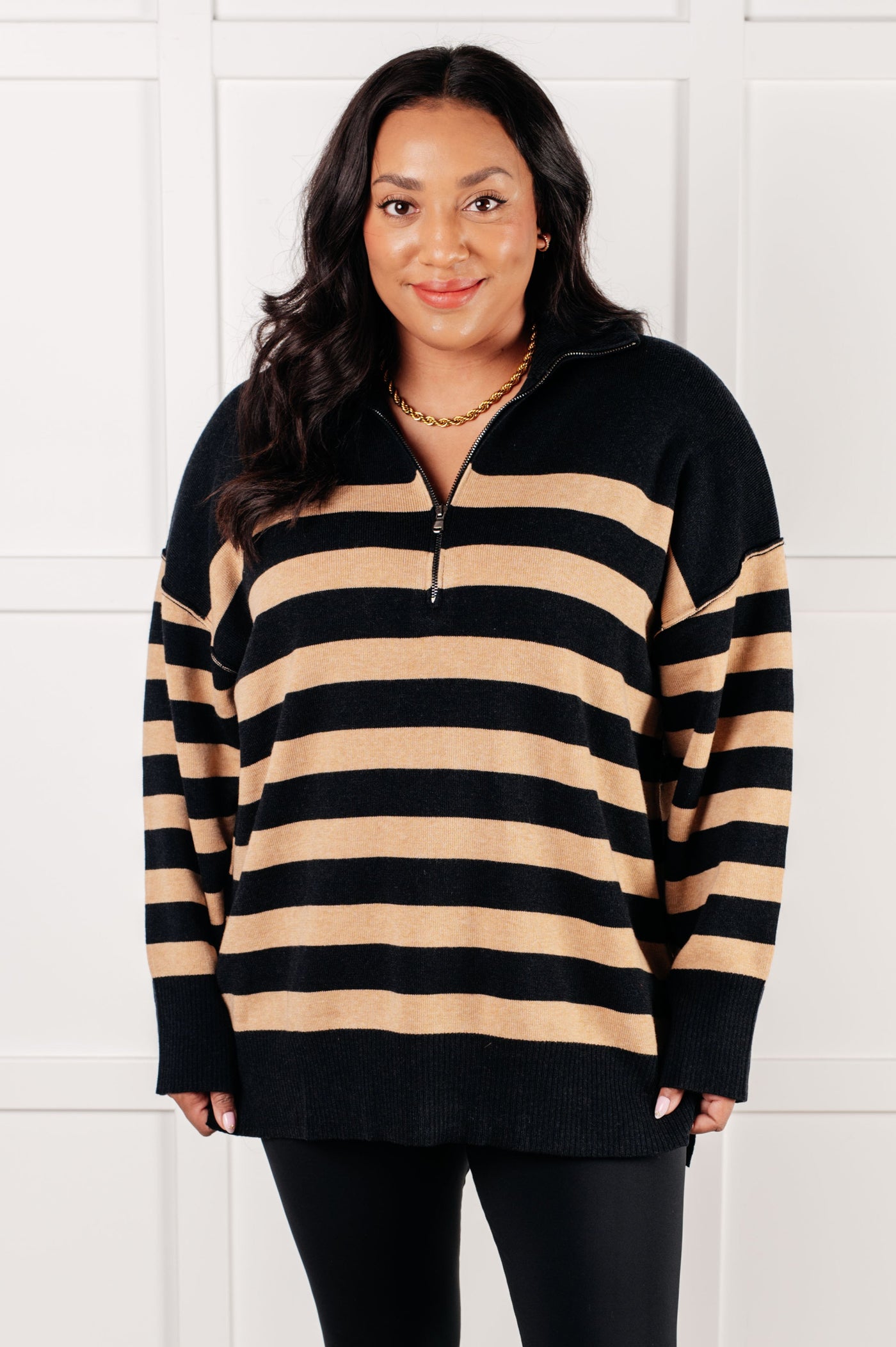 Weekender Striped Quarter Zip Sweater in Black and Tan