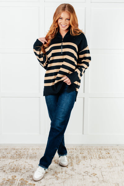 Weekender Striped Quarter Zip Sweater in Black and Tan