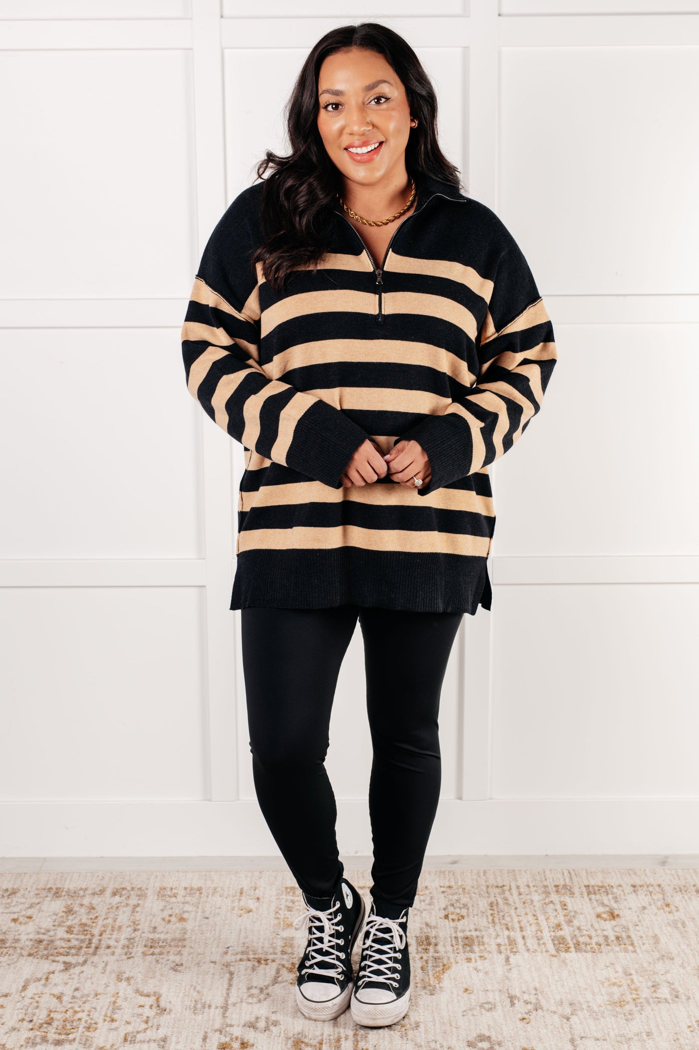 Weekender Striped Quarter Zip Sweater in Black and Tan