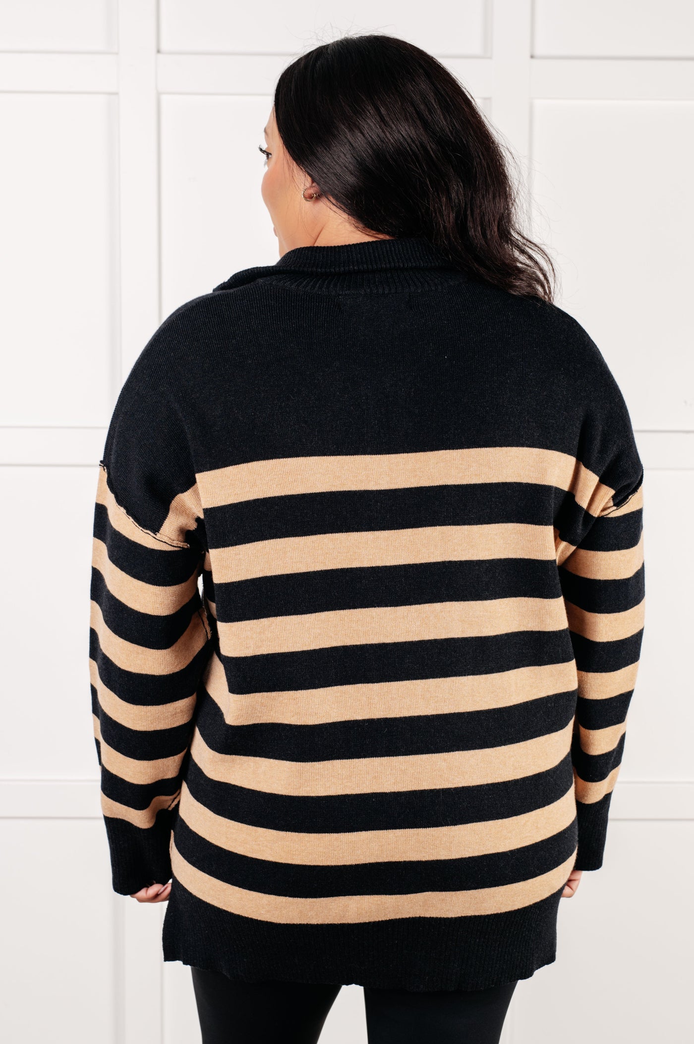 Weekender Striped Quarter Zip Sweater in Black and Tan