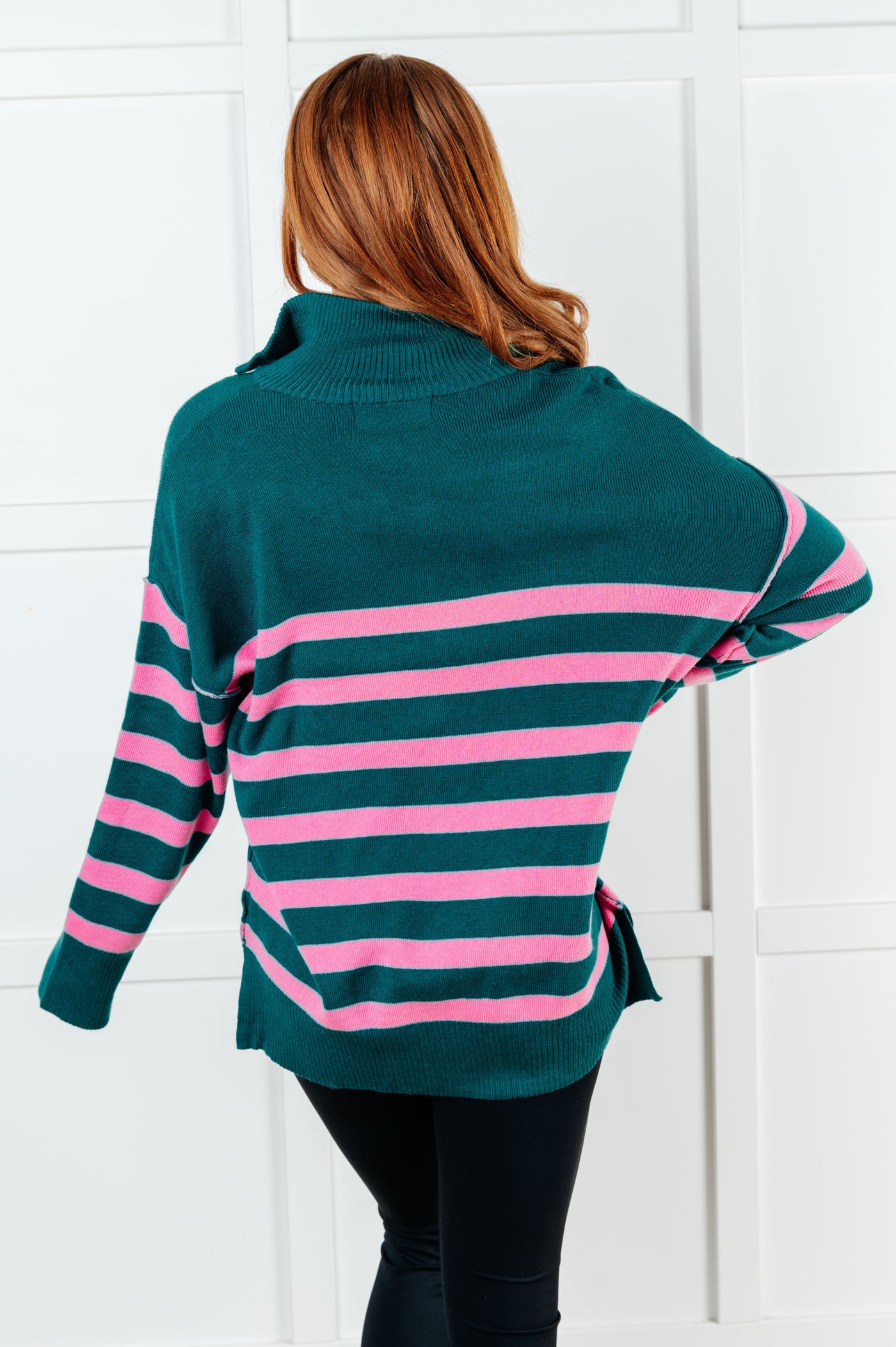 Weekender Striped Quarter Zip Sweater in Green and Pink