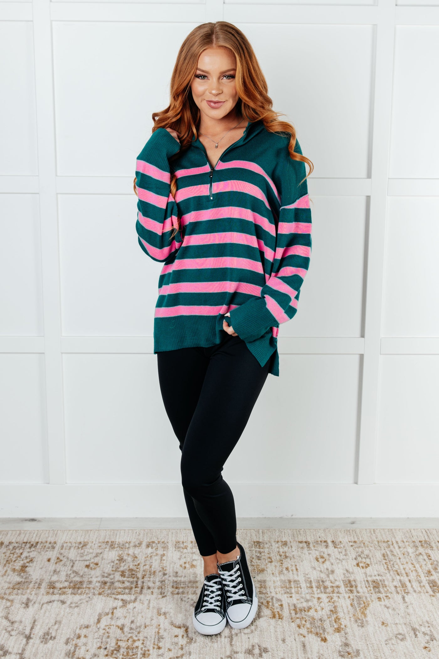 Weekender Striped Quarter Zip Sweater in Green and Pink