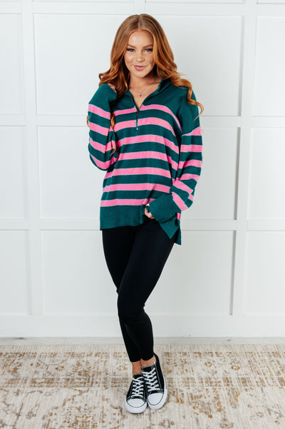 Weekender Striped Quarter Zip Sweater in Green and Pink