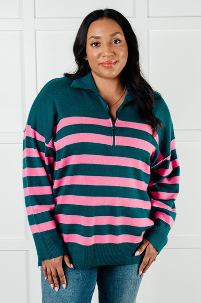 Weekender Striped Quarter Zip Sweater in Green and Pink