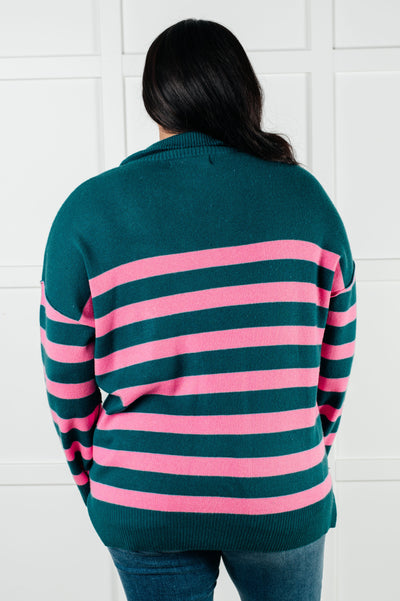 Weekender Striped Quarter Zip Sweater in Green and Pink