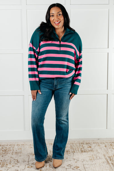 Weekender Striped Quarter Zip Sweater in Green and Pink