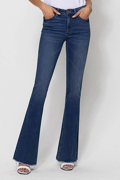 Alison Mid Rise Raw Hem Flare Denim Jeans