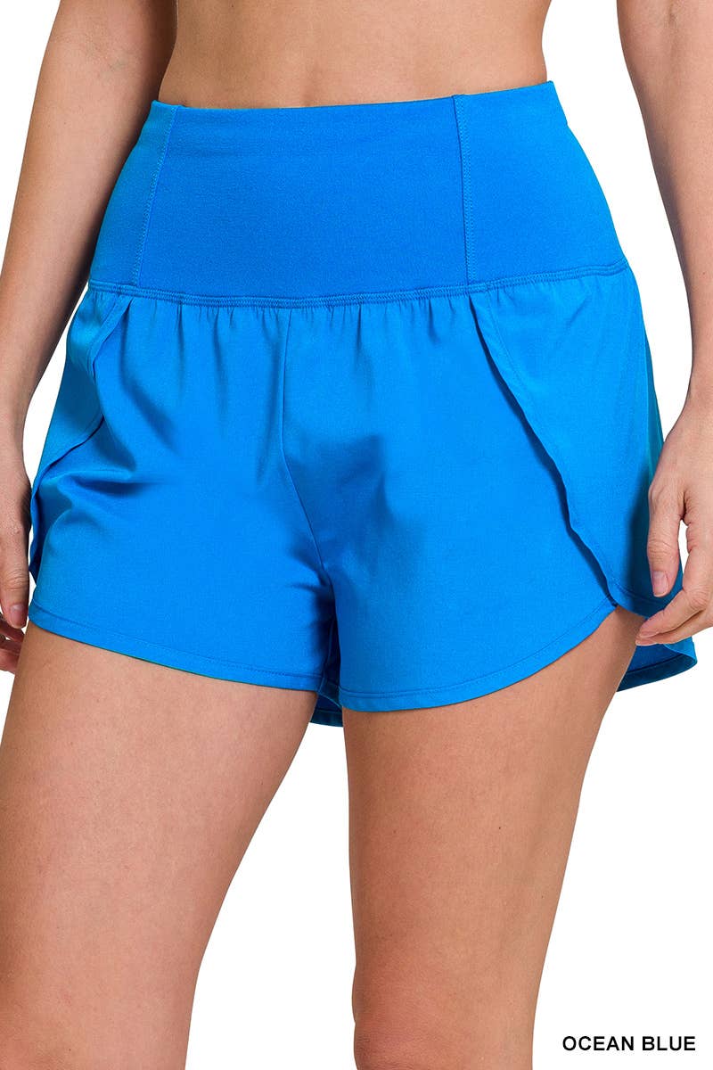 Melanie High Waisted Zippered Back Pocket Running Shorts - Ocean Blue