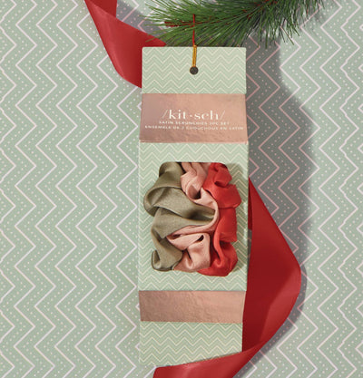 Holiday Ornament Satin Scrunchies 3pc Set- Pinksettia