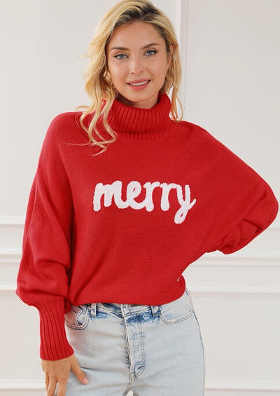 Merry Letter Embroidered High Neck Sweater