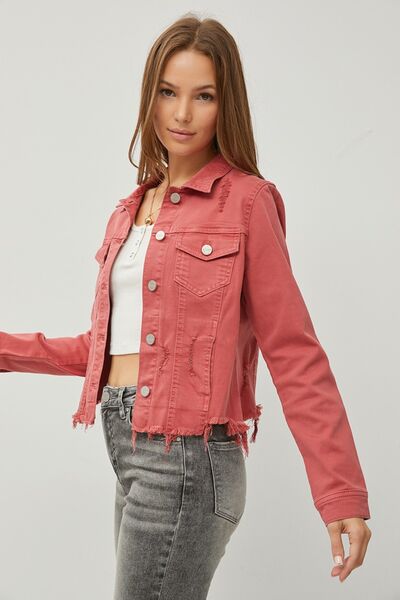 Risen Raw Hem Button Up Cropped Denim Jacket