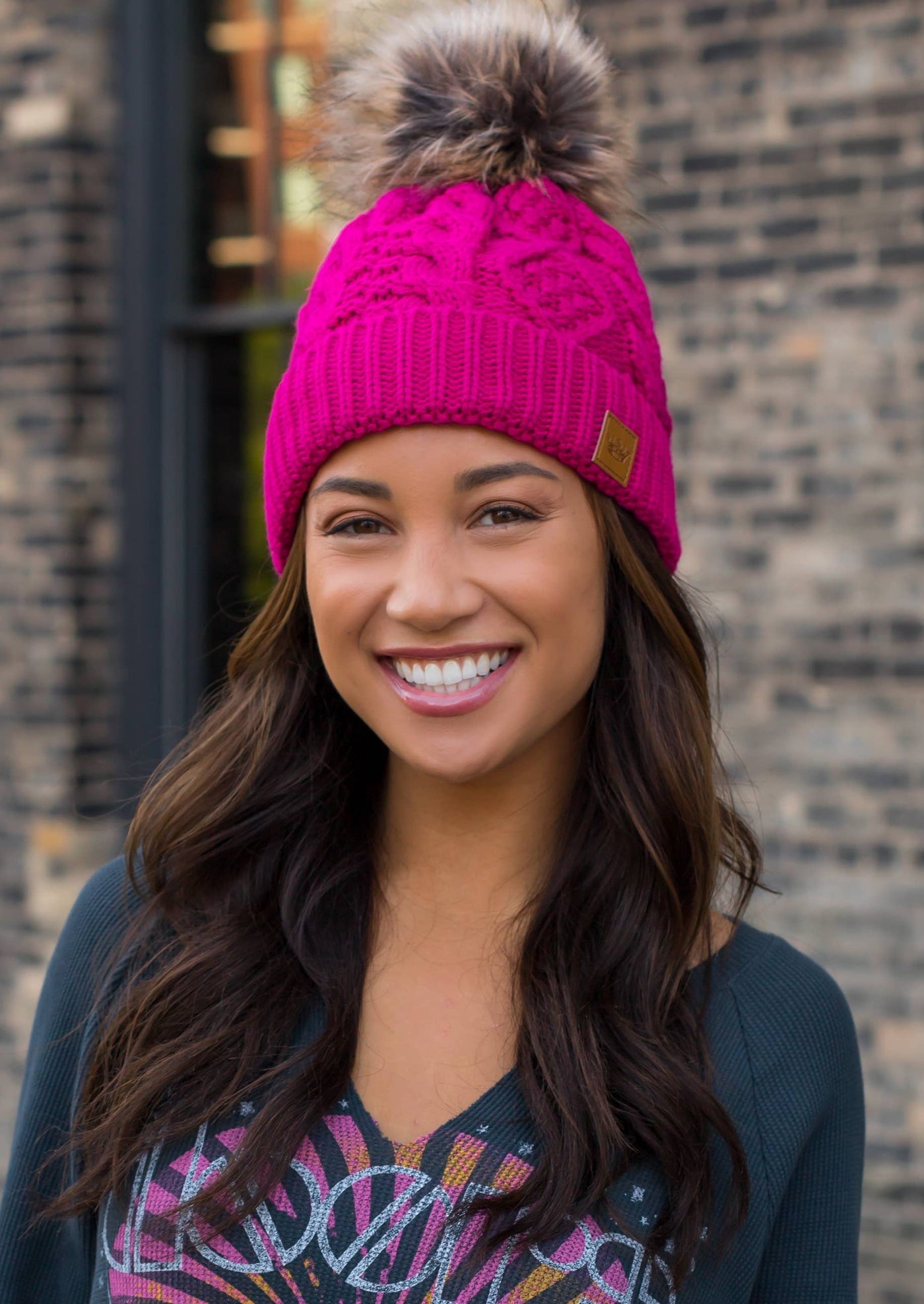 Pink Cable Knit Pom Hat