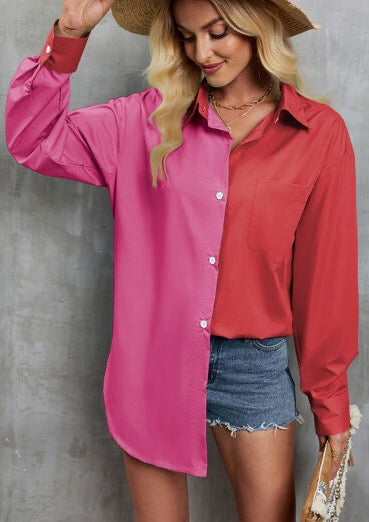 Red and Pink Contrast button down top