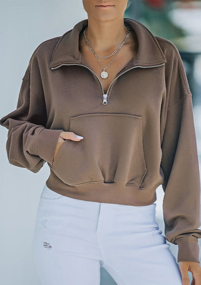 Brown Zipped Turn Down Collar Cropped Sweatshirt With Pocket