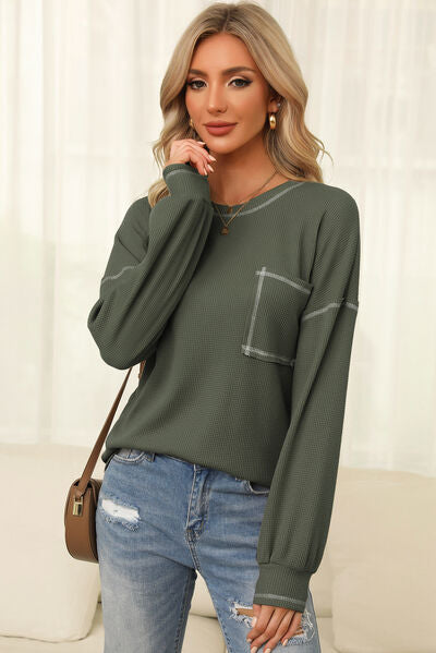 Contrast Stitching Waffle-Knit Round Neck Blouse