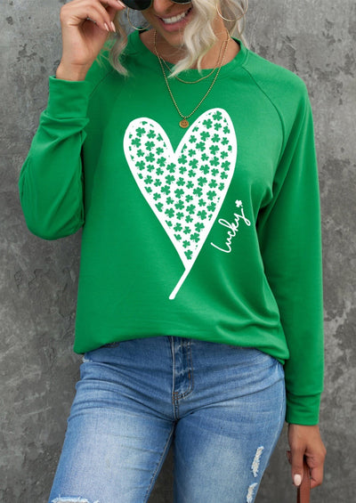 Lucky Clover Heart Graphic Raglan Sleeve Sweatshirt