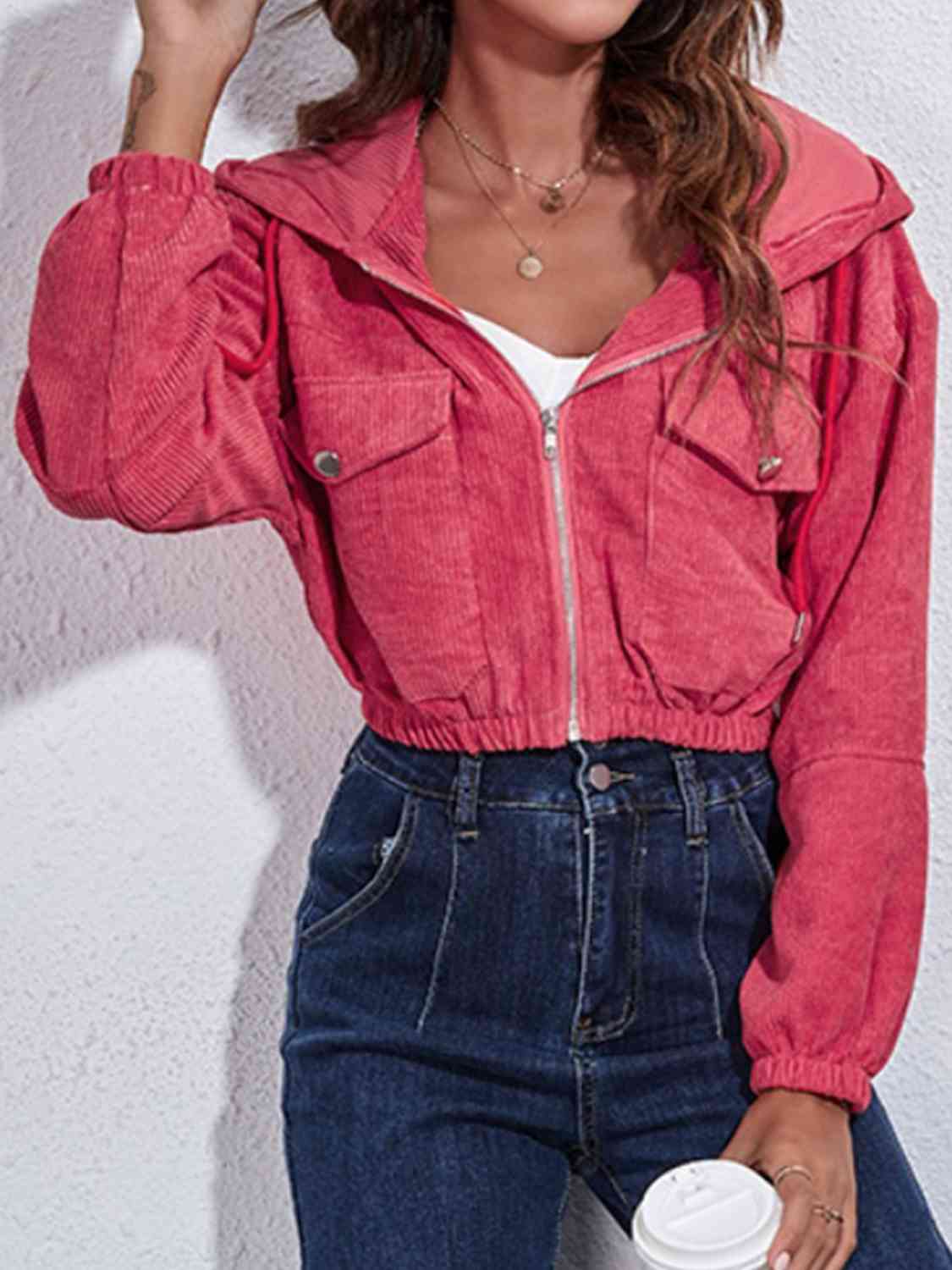 Clarissa Drawstring Hooded Zip Up Jacket with Pockets