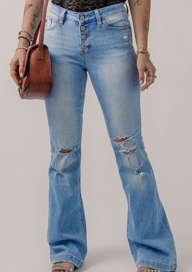 Button-Fly Distressed Flare Jeans