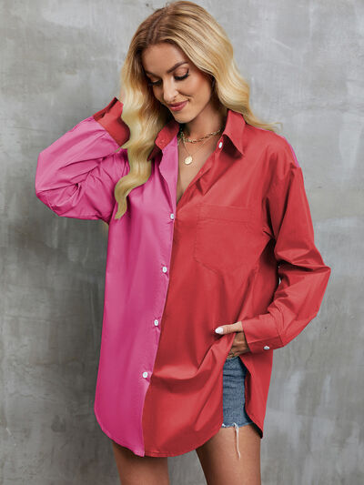 Trinity Button Up Red and Pink Contrast Top