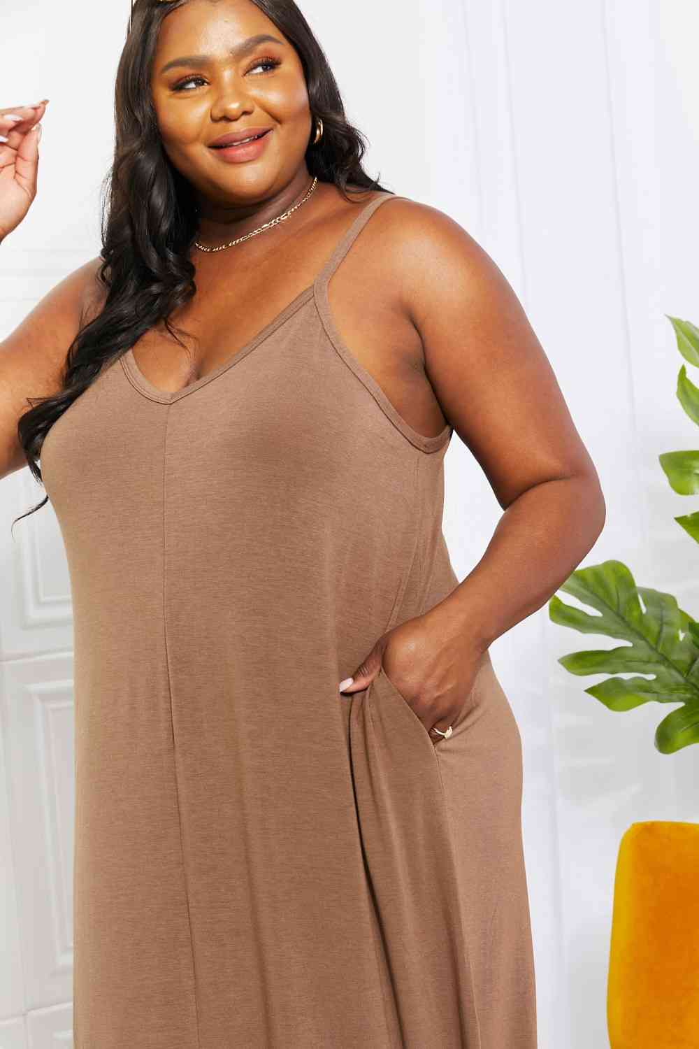 Kylie Full Size Beach Vibes Cami Maxi Dress in Mocha