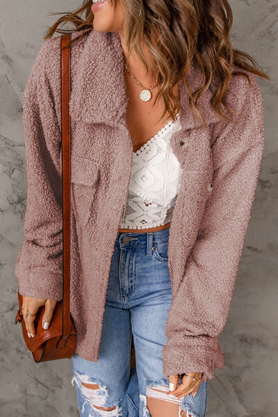 Fuzzy Button Up Pocketed Jacket