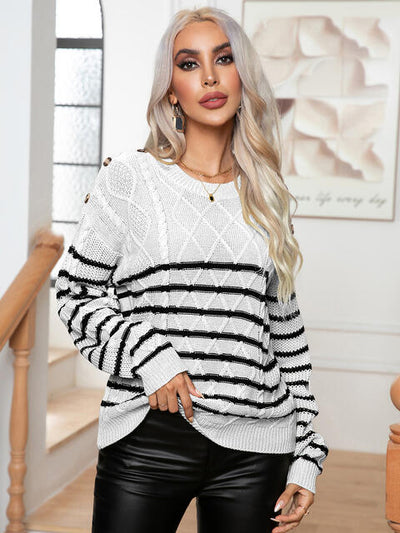 Striped Round Neck Cable-Knit Sweater
