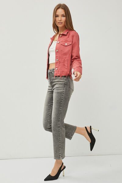 Risen Raw Hem Button Up Cropped Denim Jacket