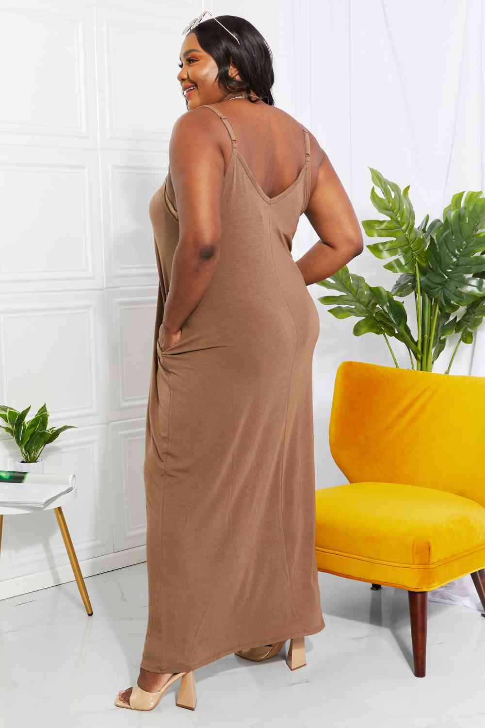 Kylie Full Size Beach Vibes Cami Maxi Dress in Mocha