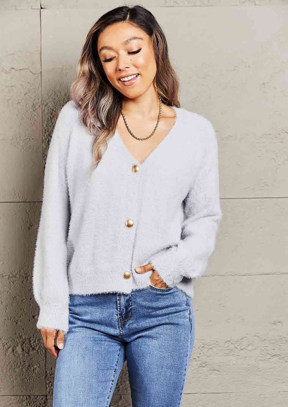 Double Take Fuzzy Long Sleeve Button Down Cardigan
