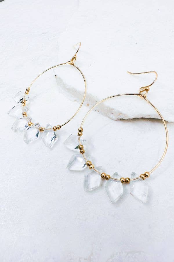 Diamond Glass Bead Hoop Earrings - Clear