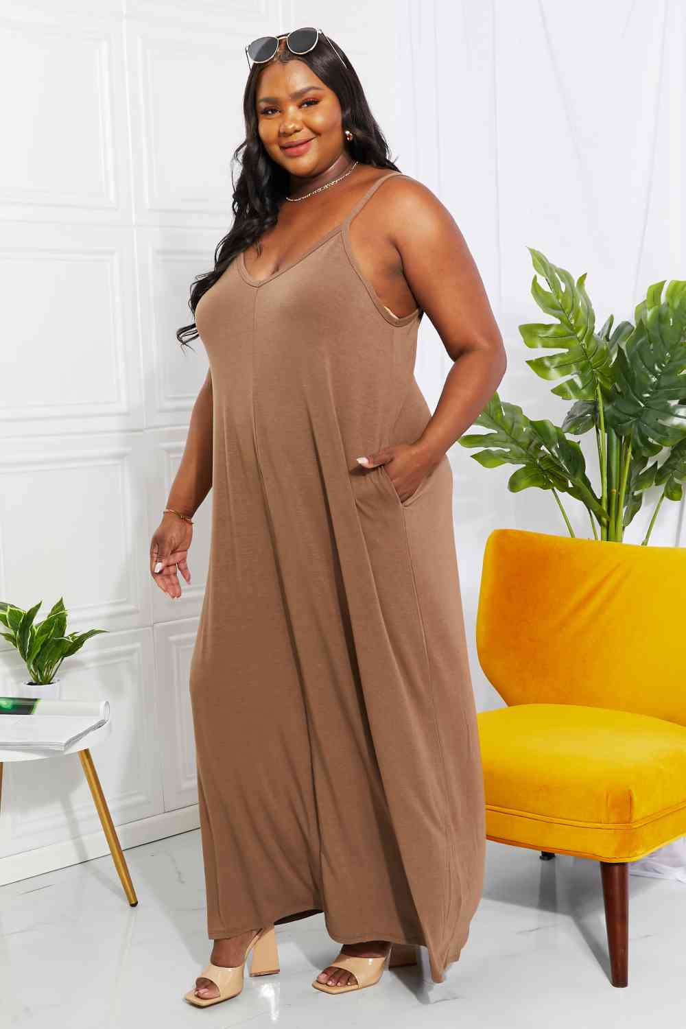 Kylie Full Size Beach Vibes Cami Maxi Dress in Mocha