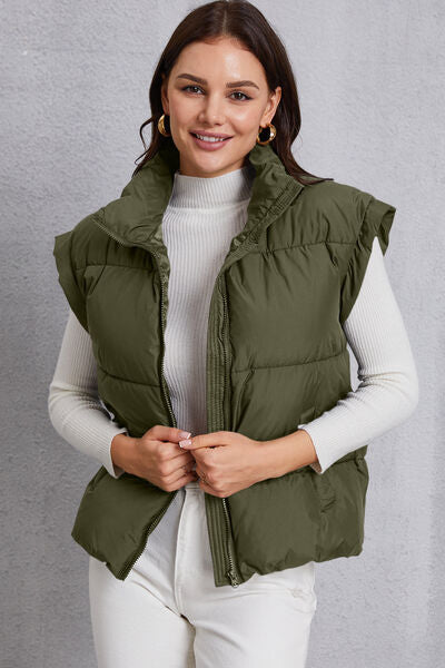 Zip Up Turtleneck Pocketed Vest Coat