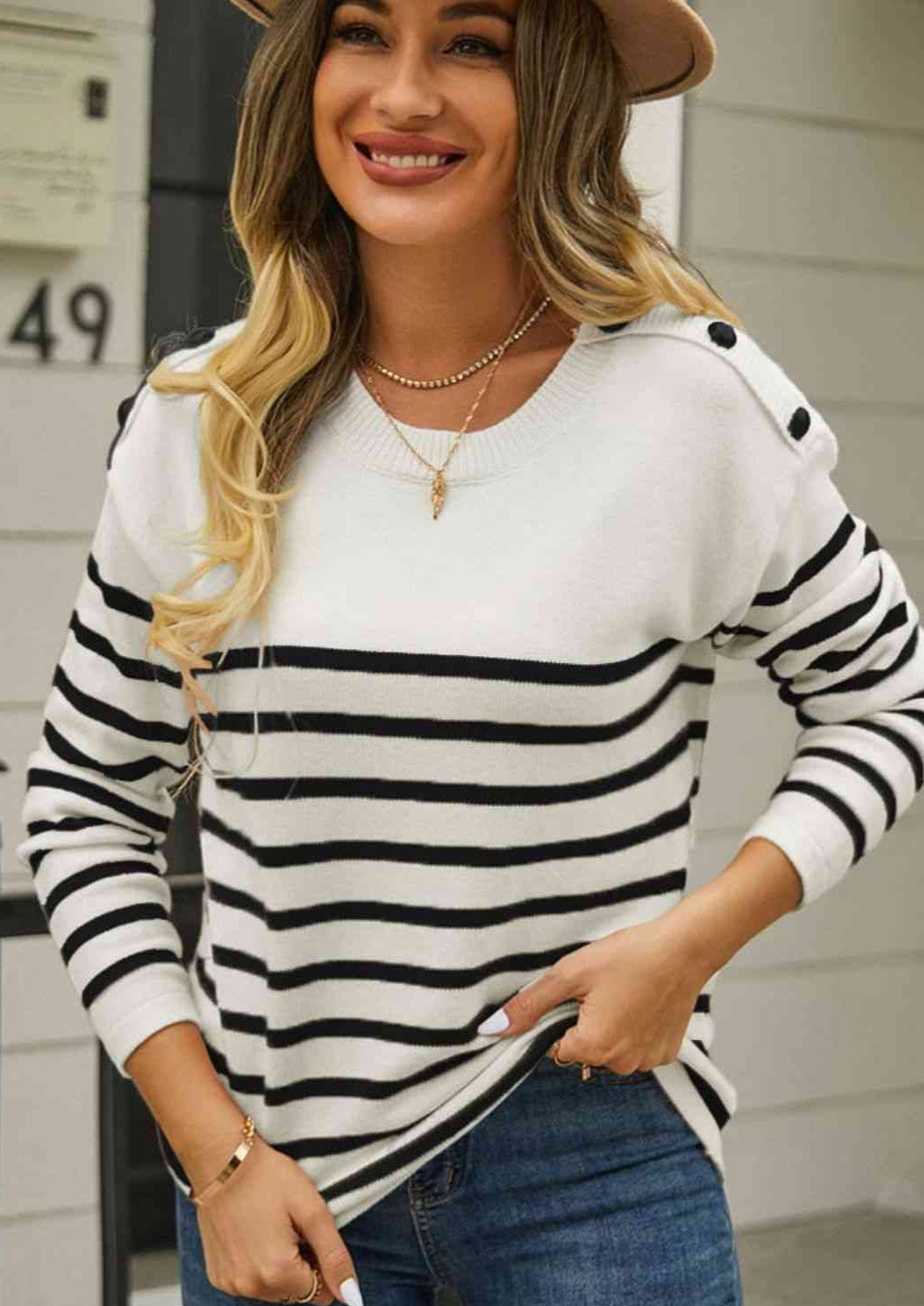 Tiffany Button Striped Pullover Sweater